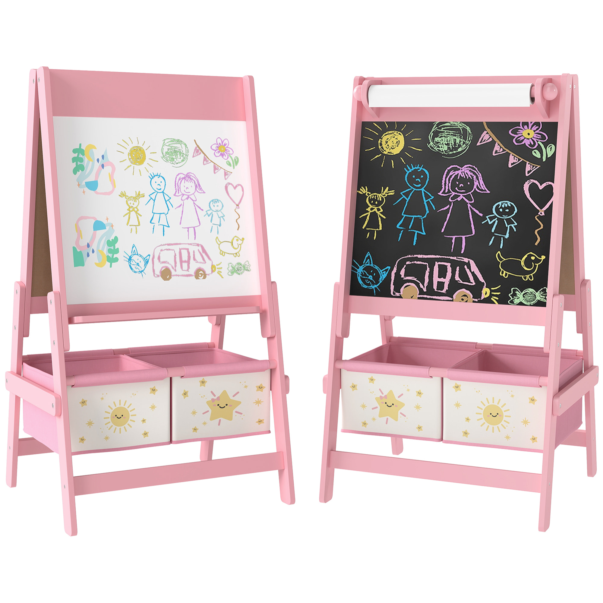 Pizarra Infantil Caballete 3 en 1 Pizarra Infantil de Doble Cara Caballete de Pintura para Niños de +3 Años con Rollo de Papel y Cestas de Almacenamiento 54x46x94 cm Rosa