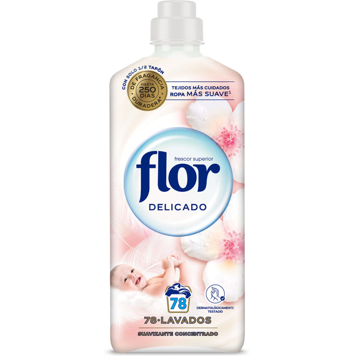 Flor Original Delicado, Suavizante para La Ropa Concentrado, Apto para Pieles Sensibles, 156 lavados (2 botellas x 78 dosis)