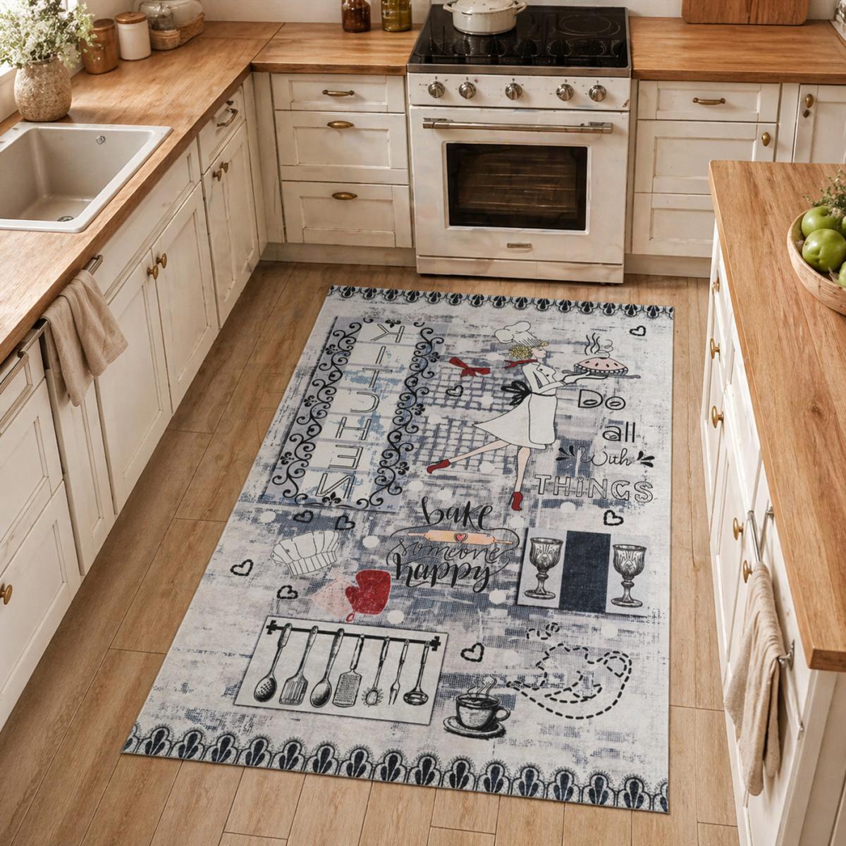 Tapis de cuisine, motif texte kilim tissé, lavable en machine