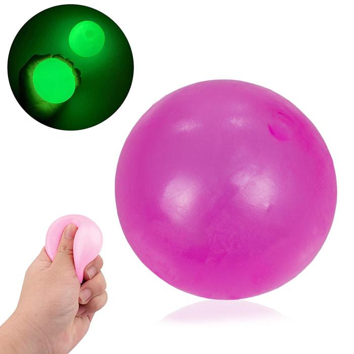 Sfera in silicone antistress da 5,5 cm, si illumina al buio. Palla morbida da spremere e spremere. Appiccicoso, aderisce al soffitto e alle pareti per pochi secondi.