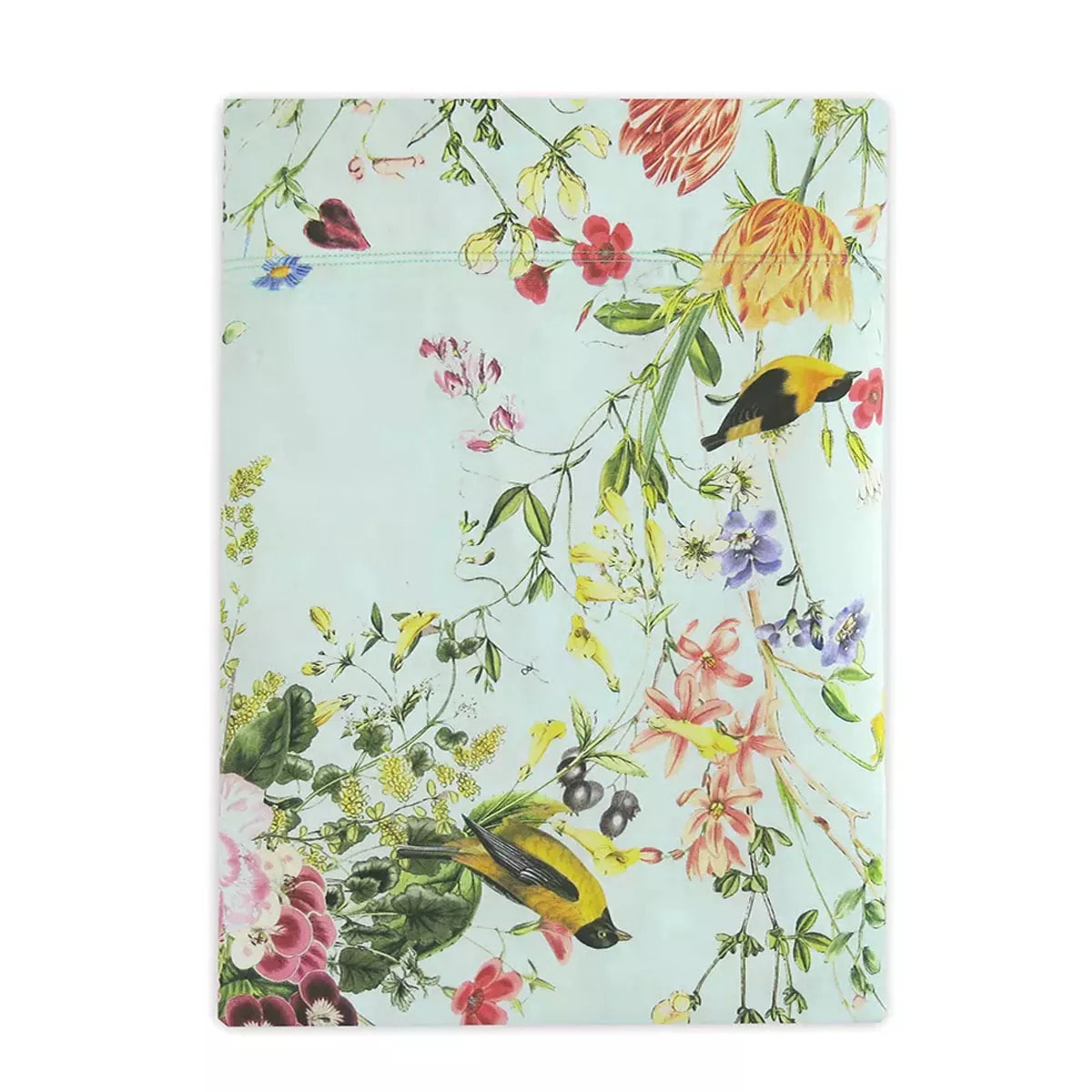 Drap plat satin de coton imprimé multicolore Primavera vert d'eau