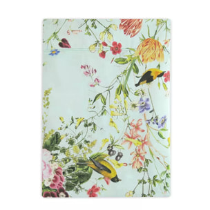 Drap plat satin de coton imprimé multicolore Primavera vert d'eau