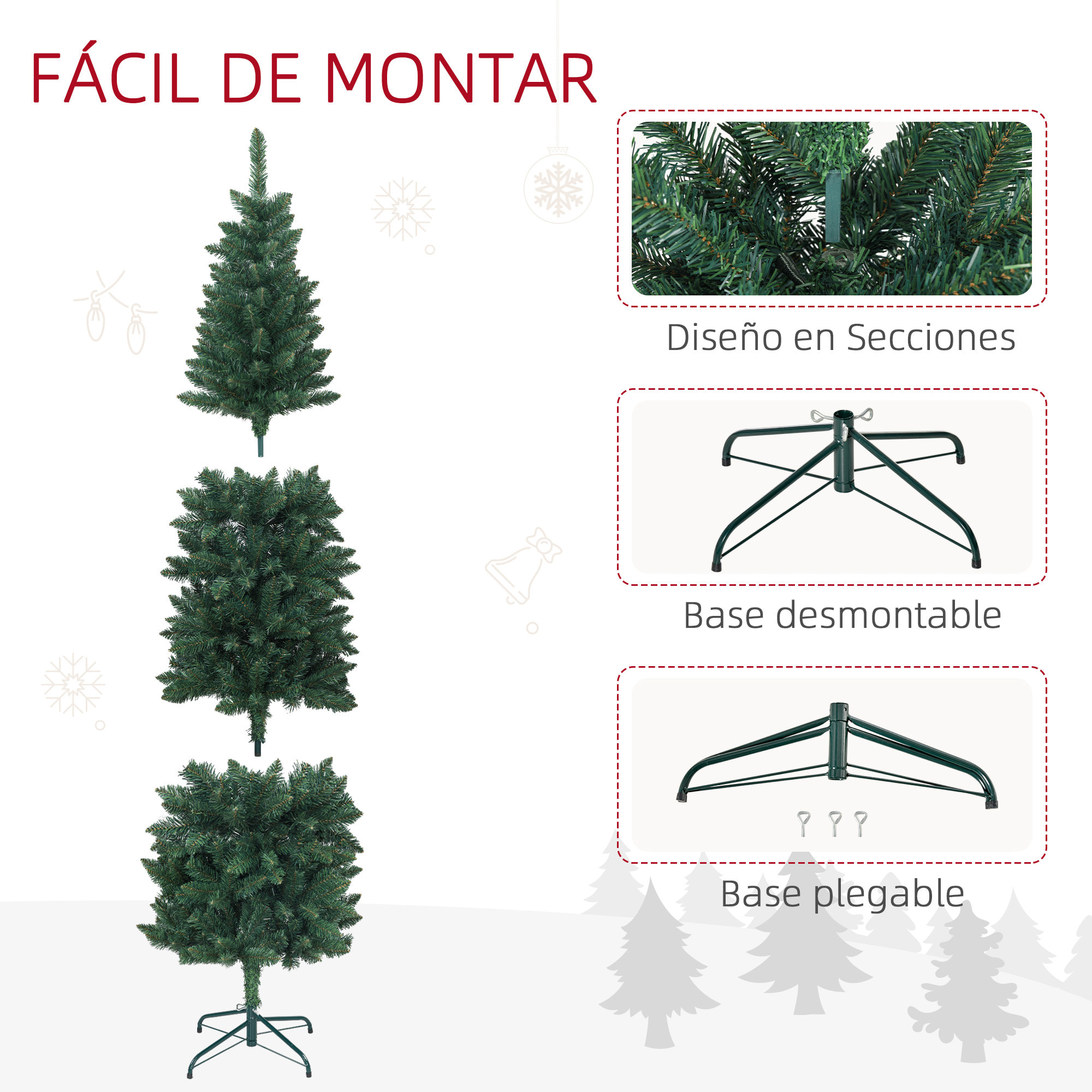 Árbol de Navidad Estrecho 210 cm Árbol de Navidad Tipo Lápiz con Base Plegable y 687 Ramas para Dormitorio Oficina Verde