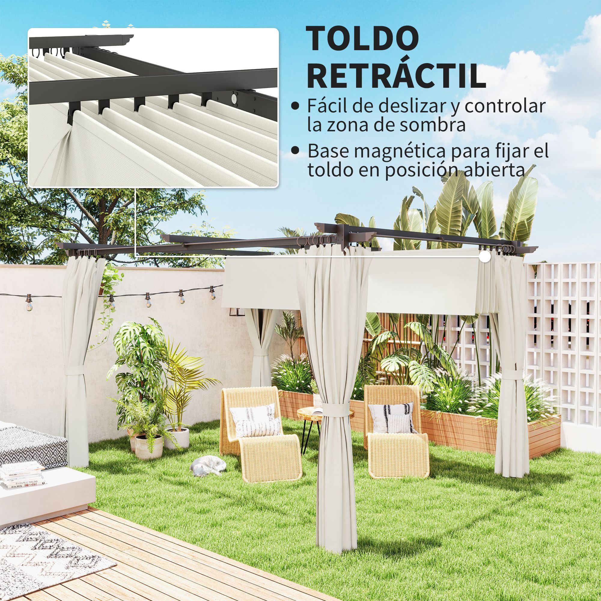 Pérgola con Techo Retráctil 4x3 m Pérgola de Aluminio con Paredes Laterales Cenador con Tela de Poliéster Anti-UV Resistente al Agua Pabellón para Jardín Patio Terraza Crema