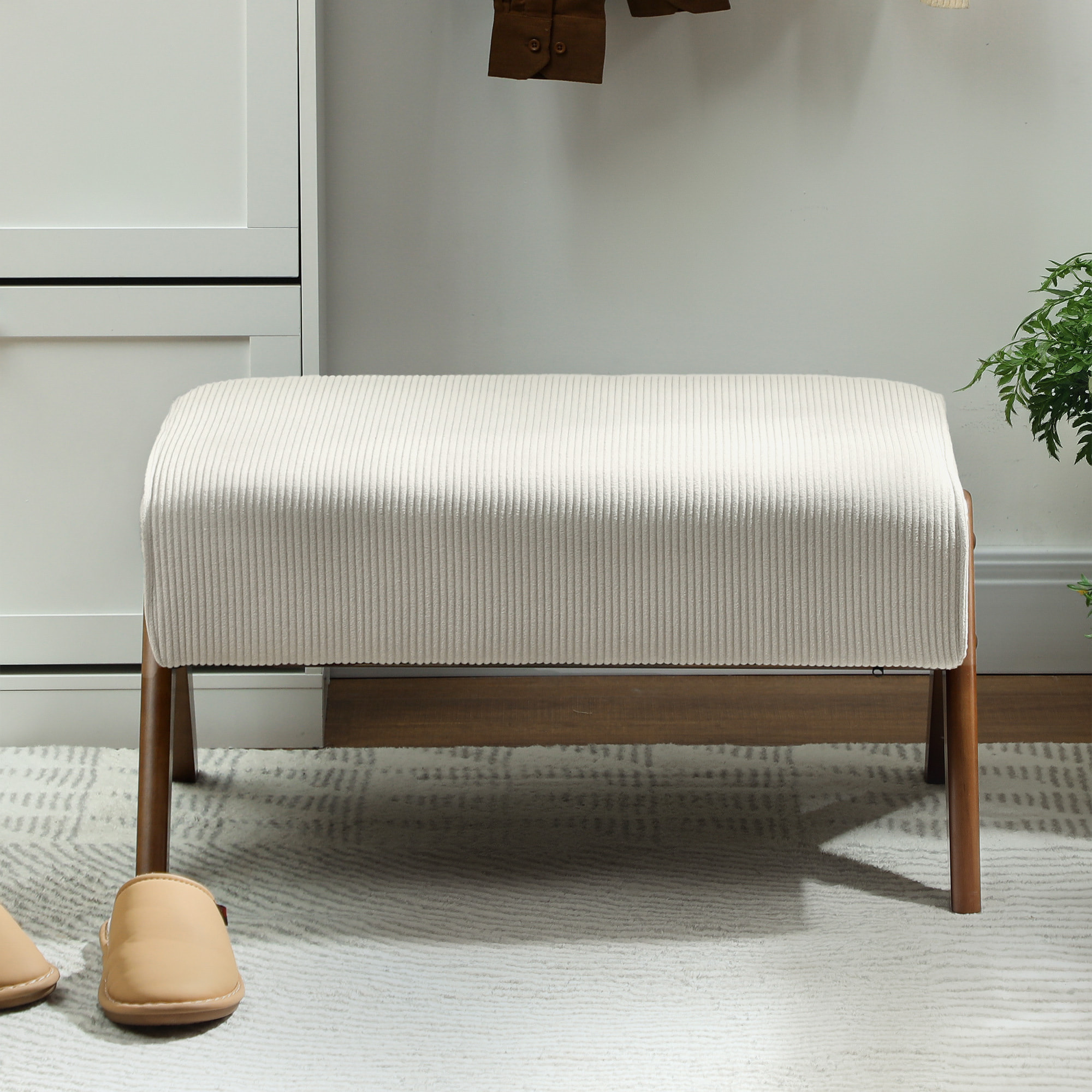 Reposapiés de Salón Taburete Bajo Tapizado en Pana Otomana Rectangular con Asiento Acolchado y Patas de Madera para Sala de Estar Dormitorio Beige