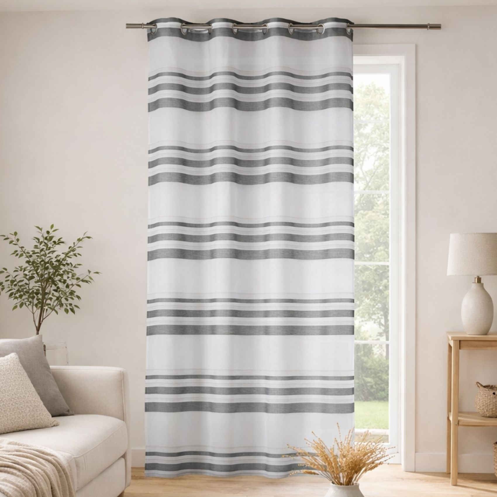 Voilage coloré rayures horizontales - Gris clair