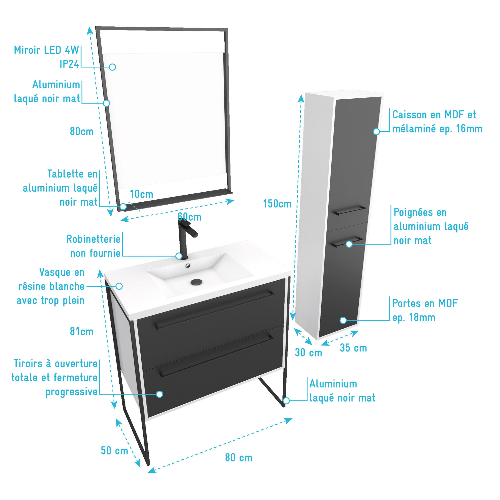 Meuble Salle de Bains 80 cm, Vasque Blanche, Miroir Led et Colonne - Blanc et Noir - STRUCTURA