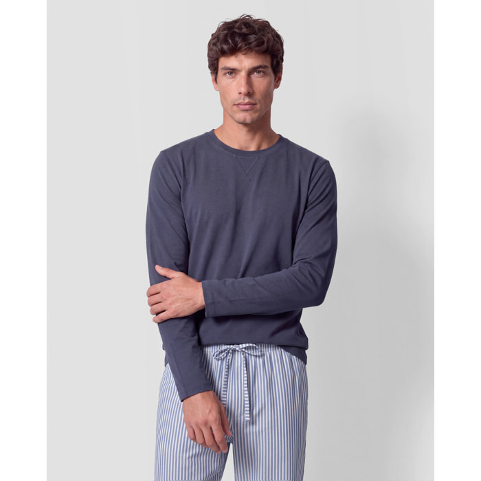 Pijama largo algodón rayas oxford azul