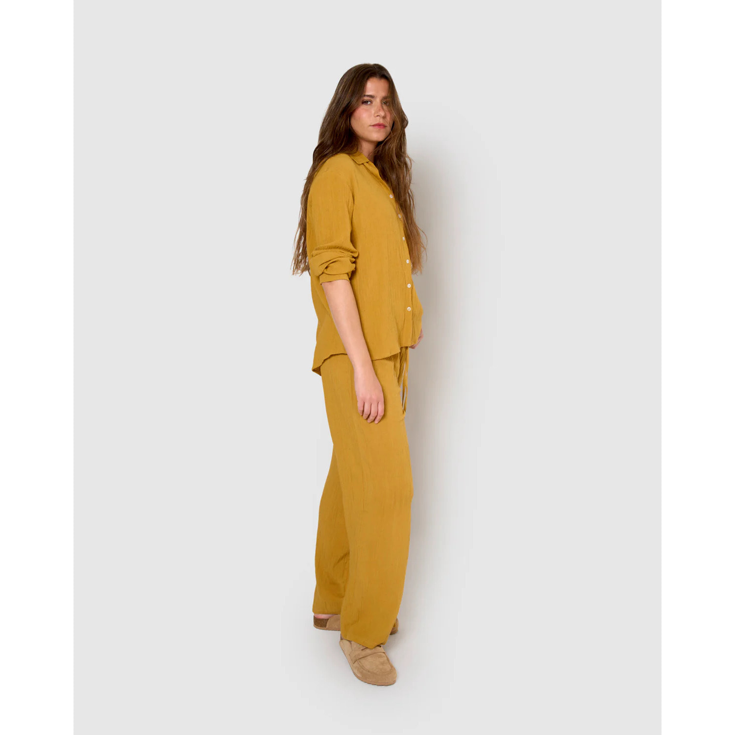 Camisa algodón lino ocre