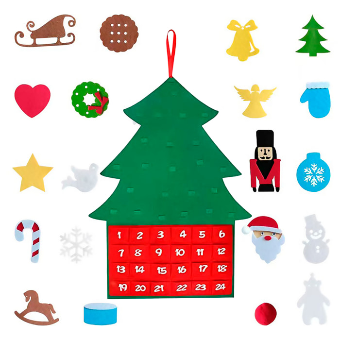 Calendario dell'avvento con design di albero di Natale in peluche con decorazioni appese. 92 cm.