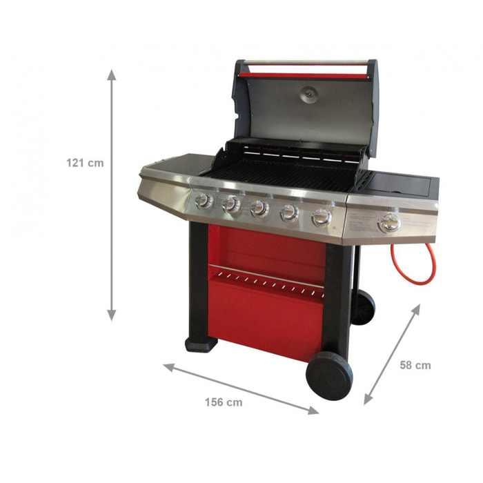 Barbecue gas 4 bruciatori + 1 laterale, colore rosso, cm 156 x 58 x h121