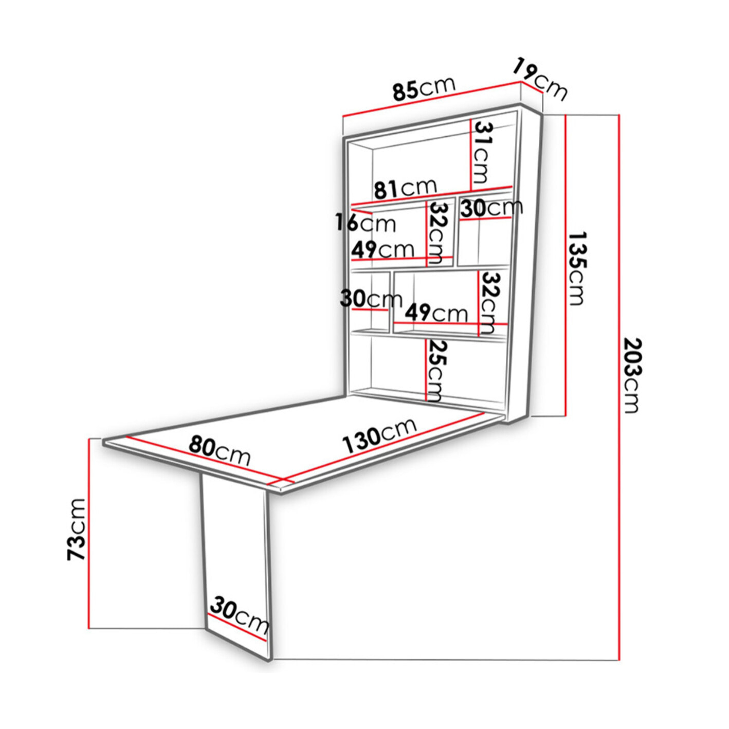 Mondrian - table murale rabattable avec rangements - 4 personnes - Blanc