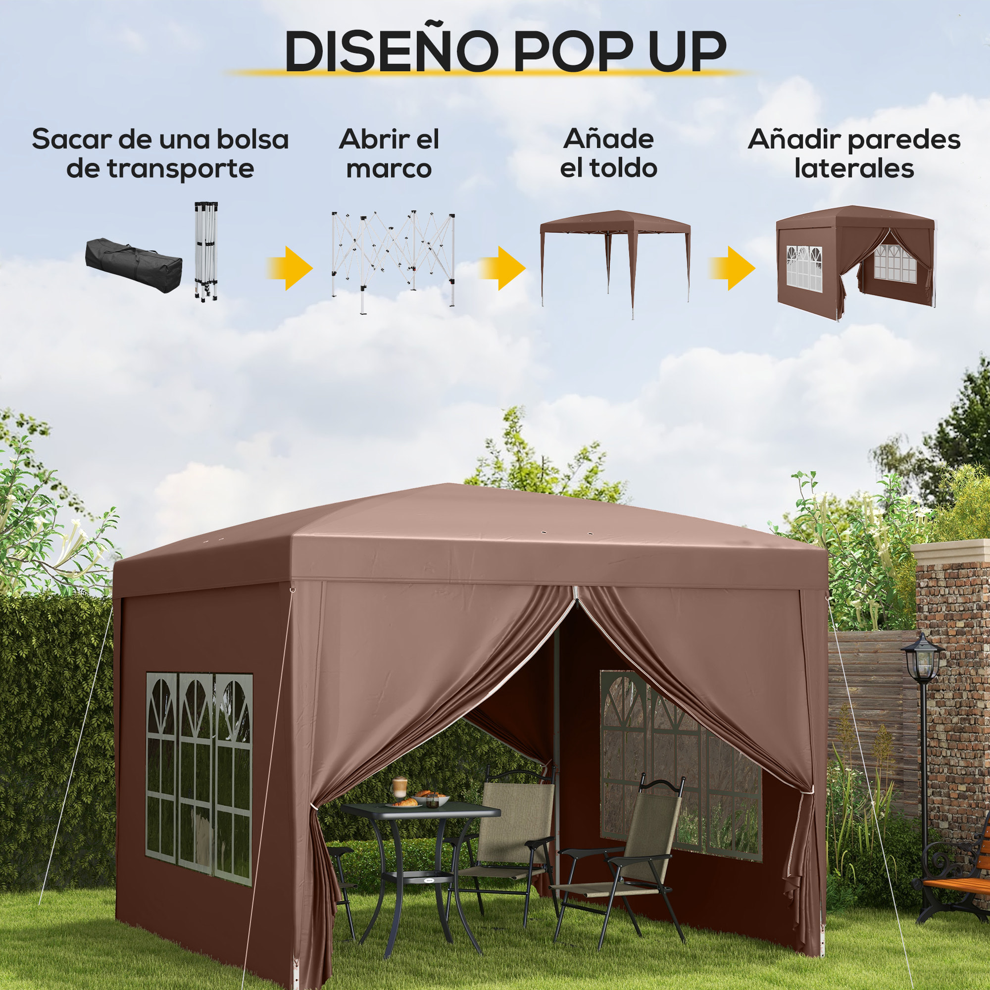 Carpa Plegable Pop-up Gazebo 3x3 m Cenador Plegable con 4 Paredes Laterales Anti-UV y Bolsa de Transporte para Camping Fiestas Café
