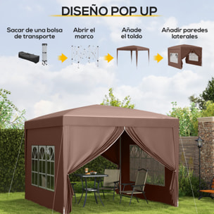 Carpa Plegable Pop-up Gazebo 3x3 m Cenador Plegable con 4 Paredes Laterales Anti-UV y Bolsa de Transporte para Camping Fiestas Café