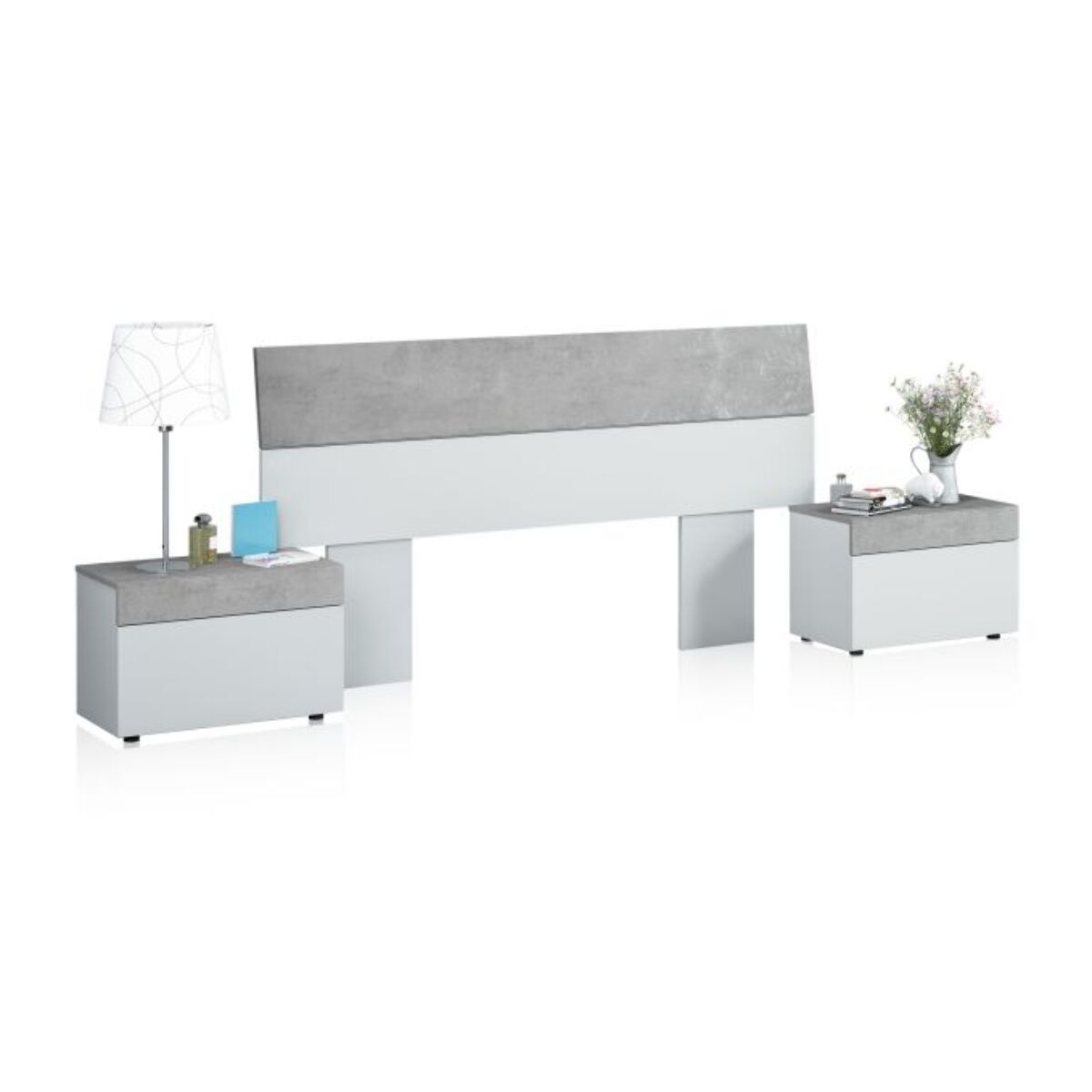 Cabecero con mesitas Axel Blanco Artik (Blanco Mate) - Gris Cemento