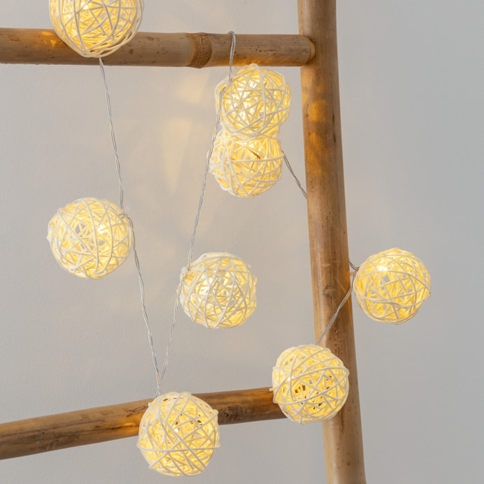 Guirlande LED "Rotin" 10 boules pile blanc ivoire L162cm