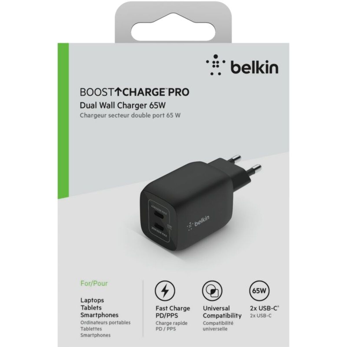 Chargeur BELKIN USB C x2 65W GaN PPS Noir