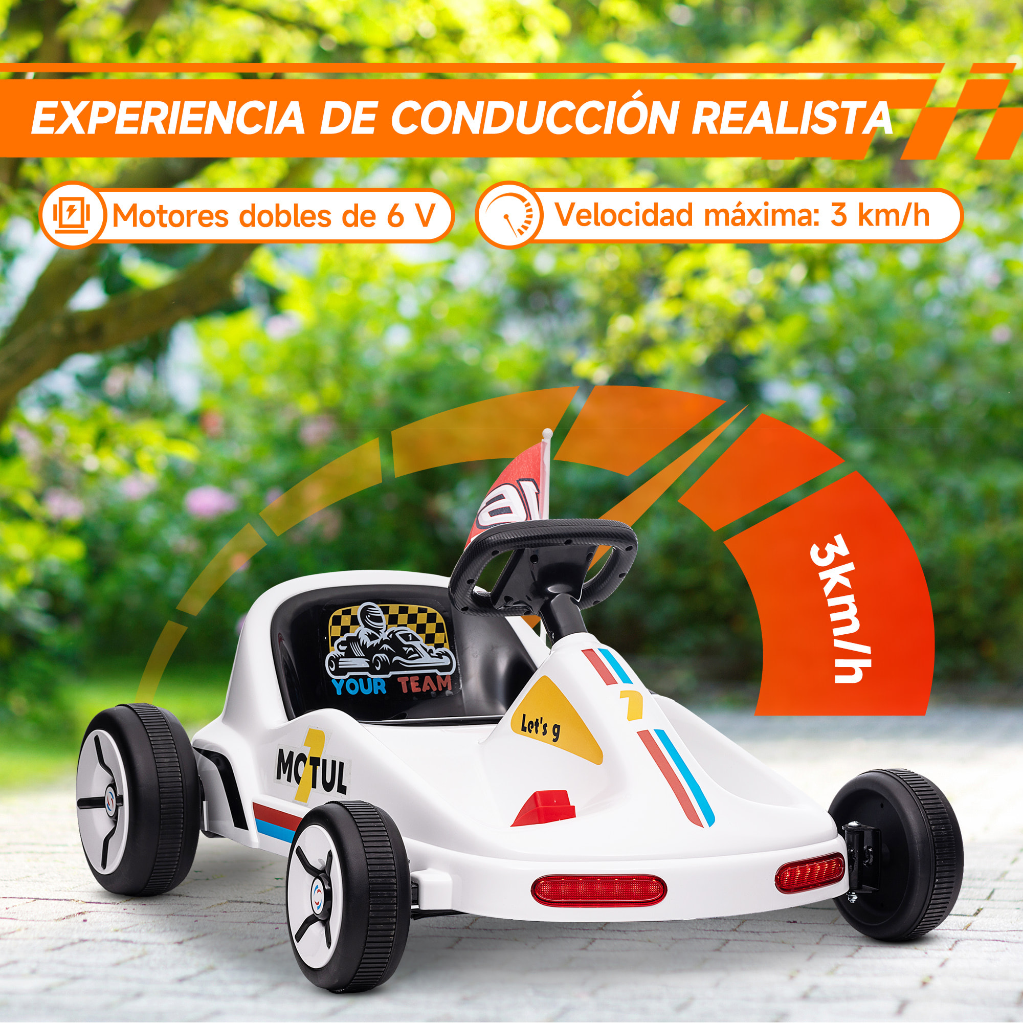 Kart Eléctrico para Niños de +3 Años Kart Eléctrico 6 V con Música Luz Bocina Cinturón de Seguridad Go Kart Carga 50 kg Blanco