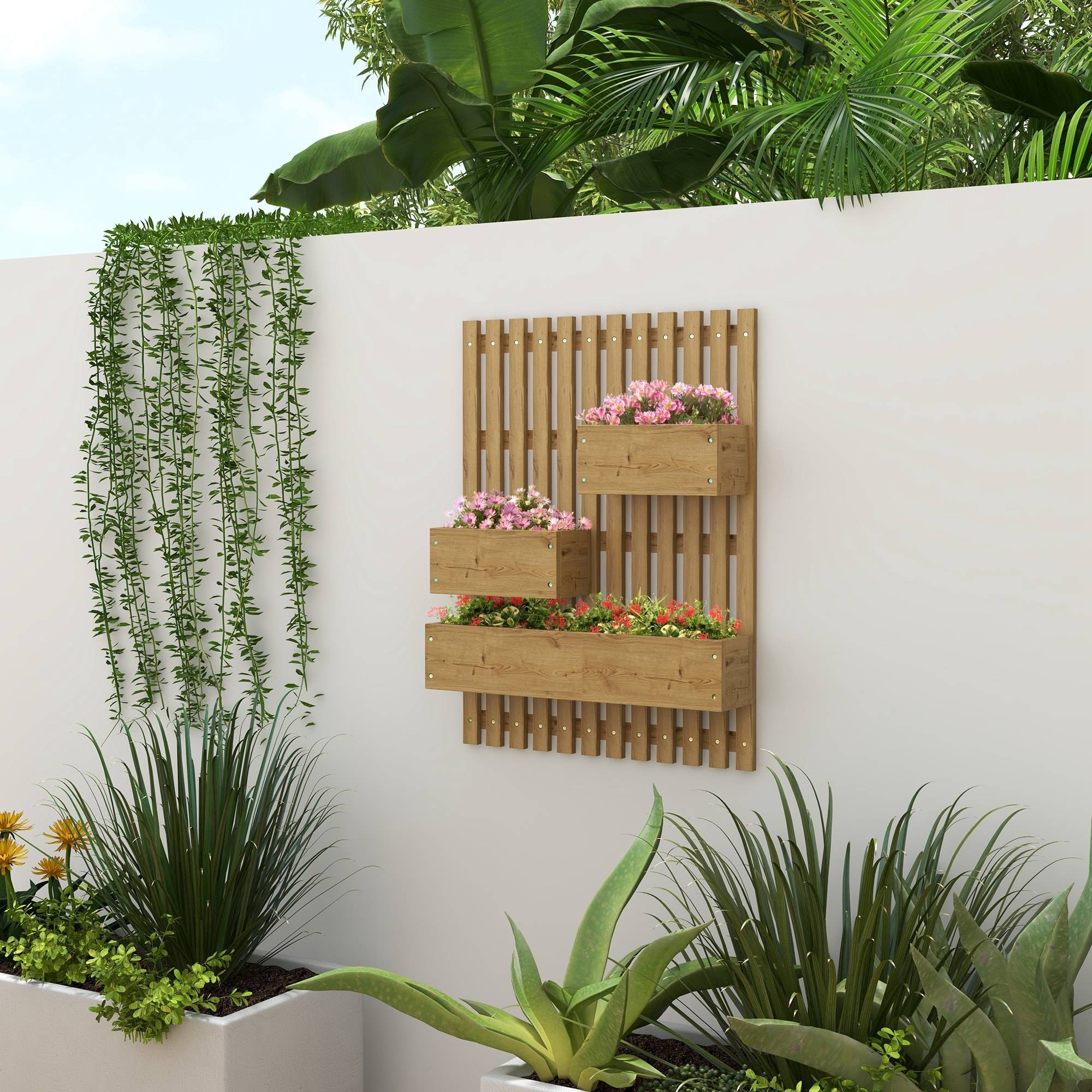 Jardinière murale avec treillis - lot de 3 jardinières murales - dim. 60L x 16l x 80H cm - bois sapin carbonisé