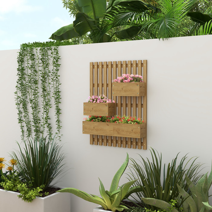 Jardinière murale avec treillis - lot de 3 jardinières murales - dim. 60L x 16l x 80H cm - bois sapin carbonisé