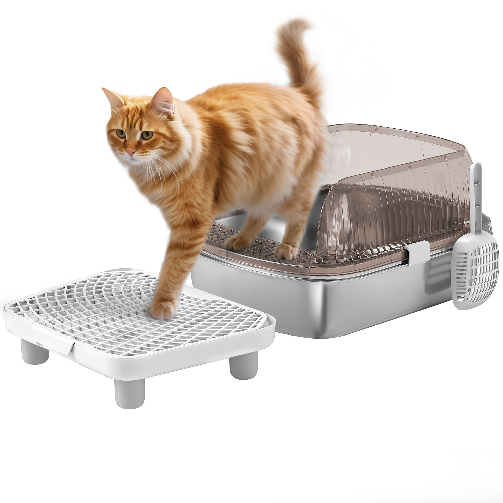 Arenero para Gatos Cubierto Extragrande Caja de Arena Cerrado con Bandeja de Acero Inoxidable Bordes Altos Pala Peldaño Zona para Caída de Arena sin Olor Fácil Limpieza para Gatos Grandes Gris