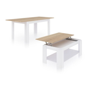 Pack mesa de comedor 123 y mesa de centro Lya Blanco Artik (Blanco Mate) - Roble Canadian