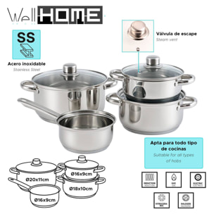 set de batería de cocina de 7pc en acero inoxidable + 3 sartenes ø16ø20ø24cm cobre metalizado en aluminio prensado