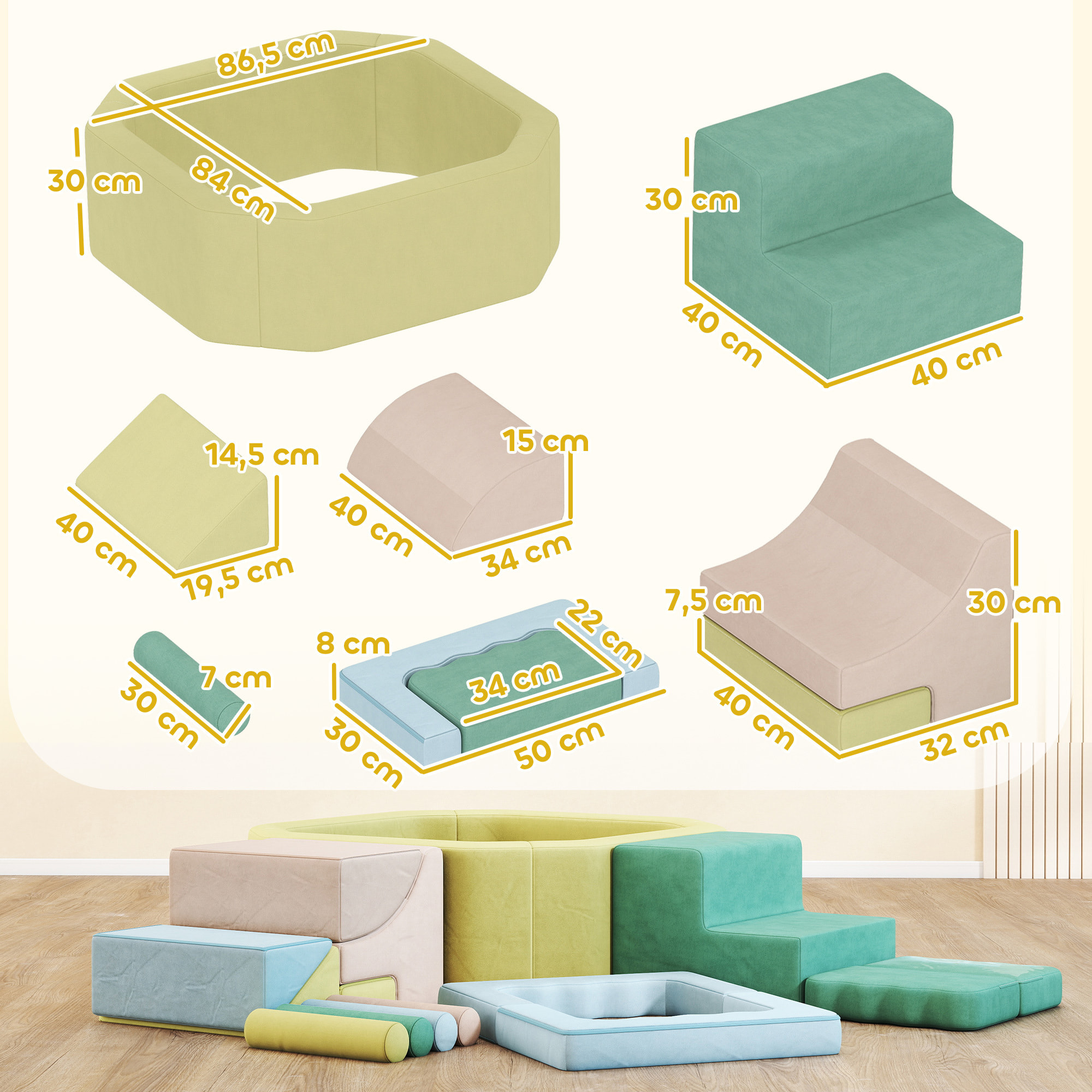 15 blocs de construction en mousse XXL revêtement tissu déhoussable - modules de motricité - multicolore