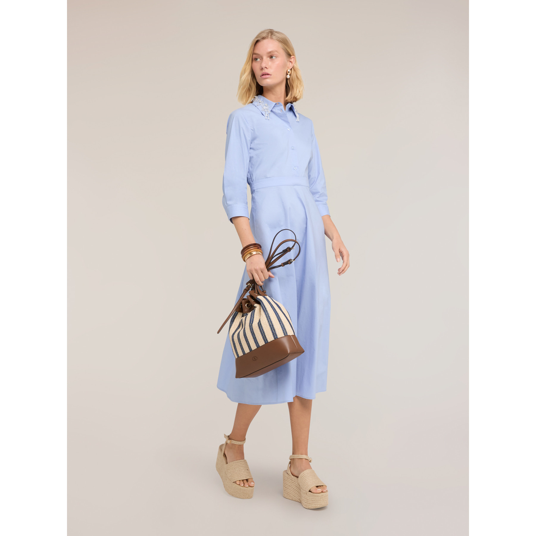 Motivi - Vestido camisero con cuello joya - Light - blue