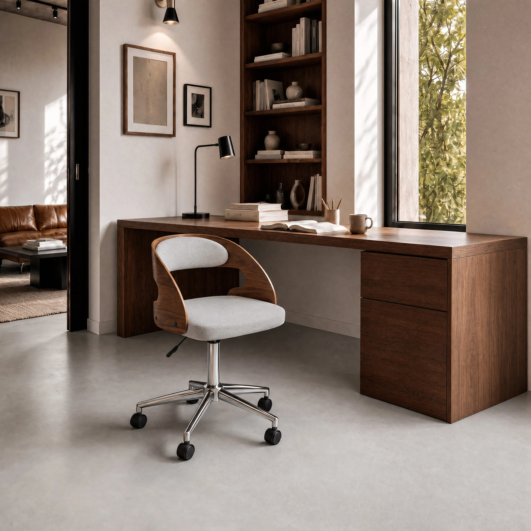Chaise de bureau pivotante et réglable en bois et tissu gris - Louis