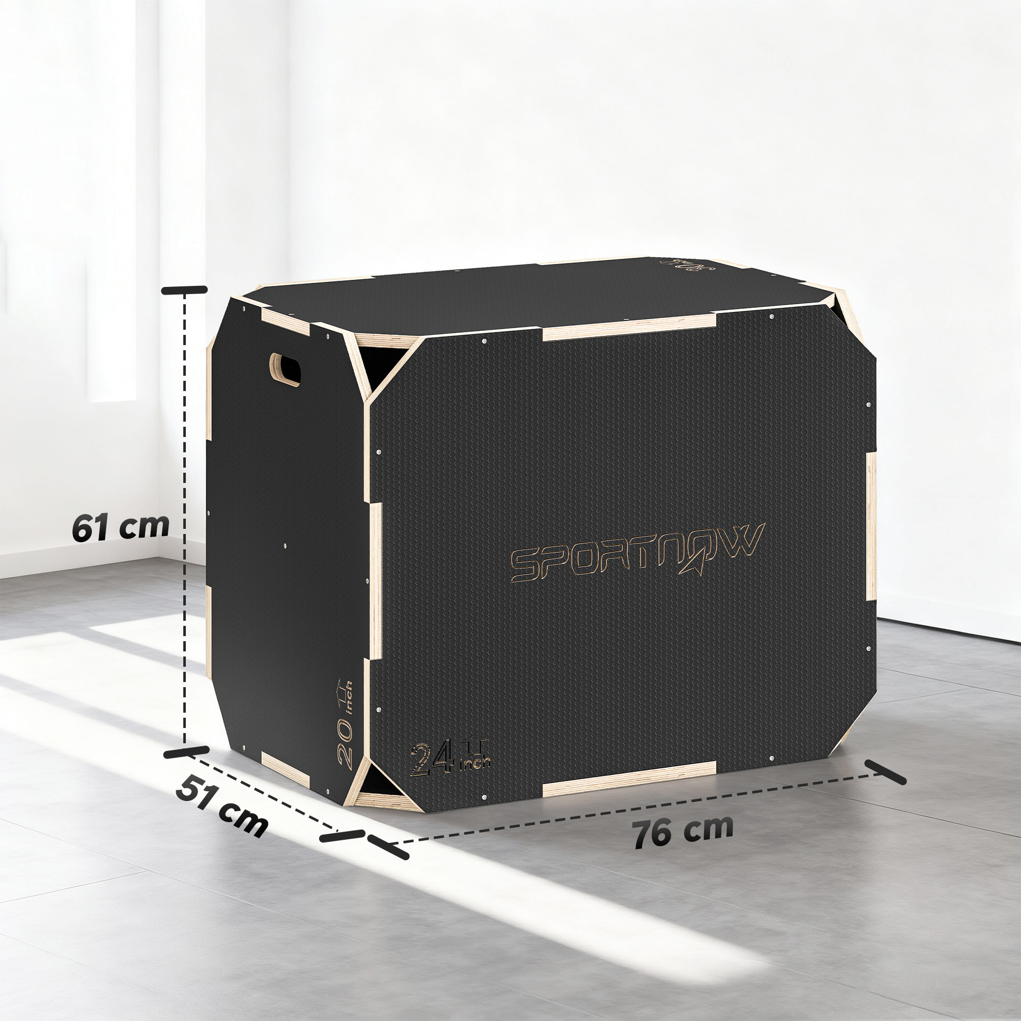 Cajón Pliométrico de Madera 3 en 1, Plataforma de Caja Pliométrica con 3 Alturas Ajustables 76/61/51 cm, Asas, sin Esquinas, Entrenamiento de Salto, Fuerza, para Casa, Gimnasio y Exterior