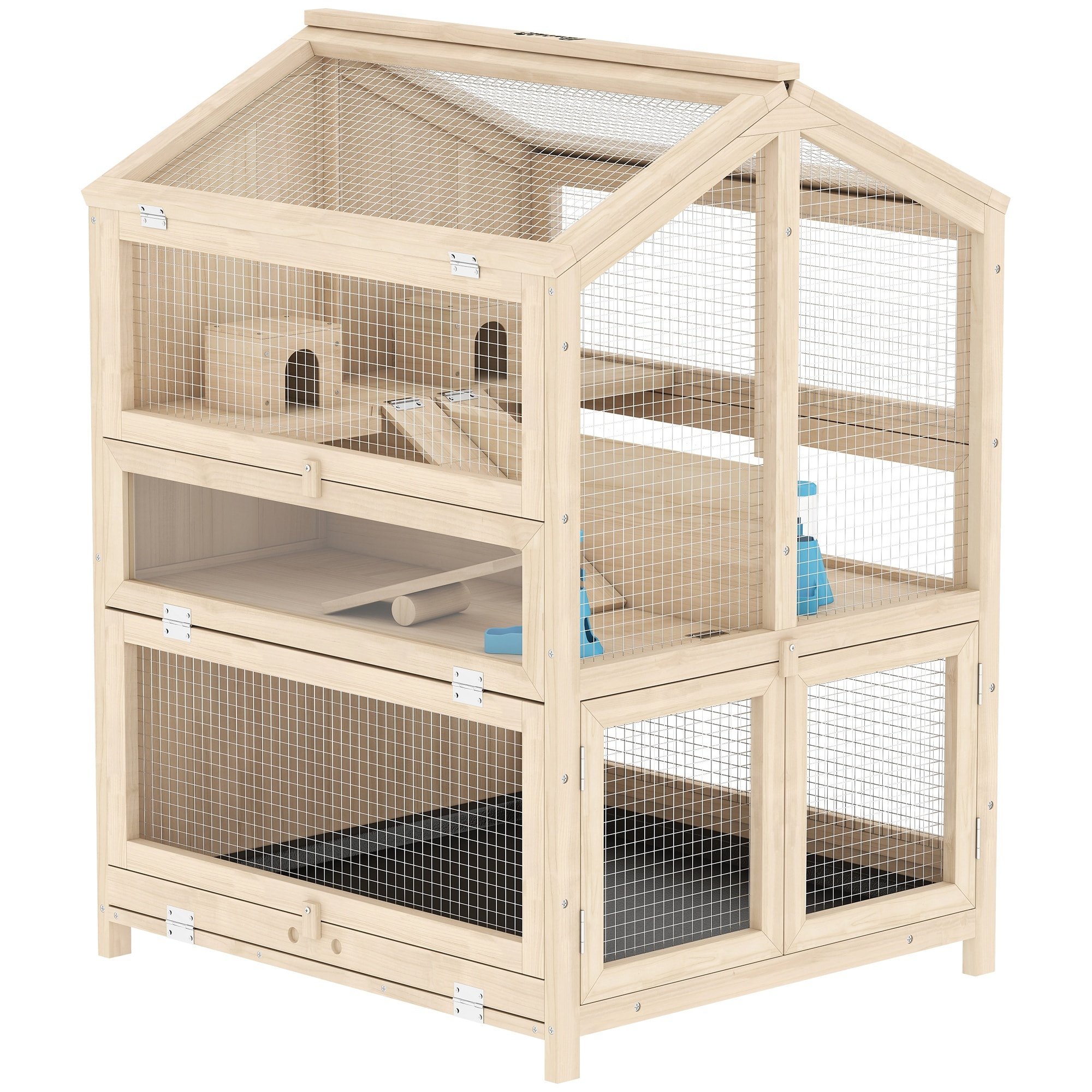 Cage hamster bois 3 niveaux 2 cabanes balançoires biberons 4 rampes