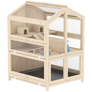 Cage hamster bois 3 niveaux 2 cabanes balançoires biberons 4 rampes