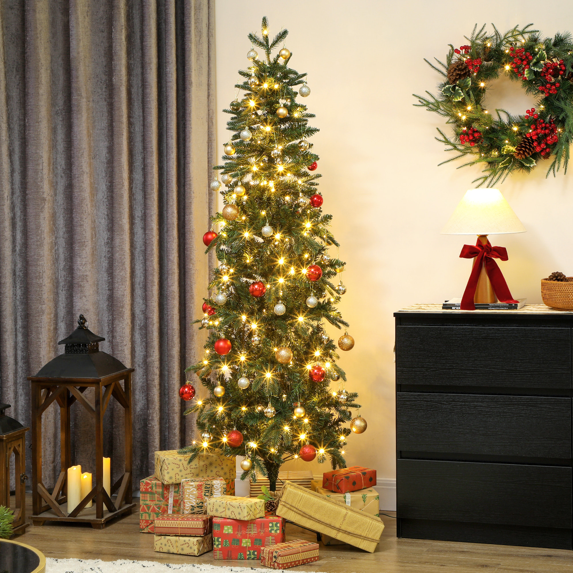 Sapin de Noël artificiel LED x 200 blanc chaud 8 modes H.180 cm 605 branches support vert