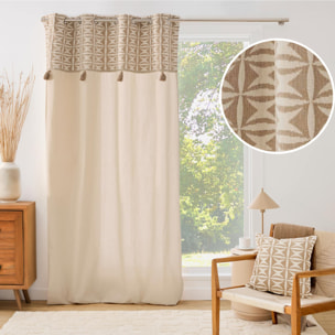 Rideau tamisant à œillets en polycoton avec jacquard et pompons - Naturel