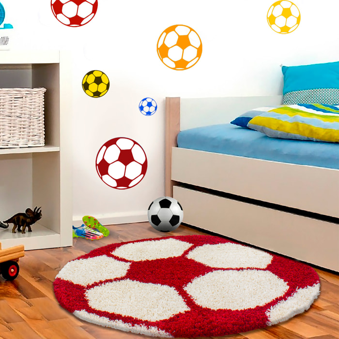 FUN - Tapis enfant shaggy rond à poils long motif ballon de foot rouge