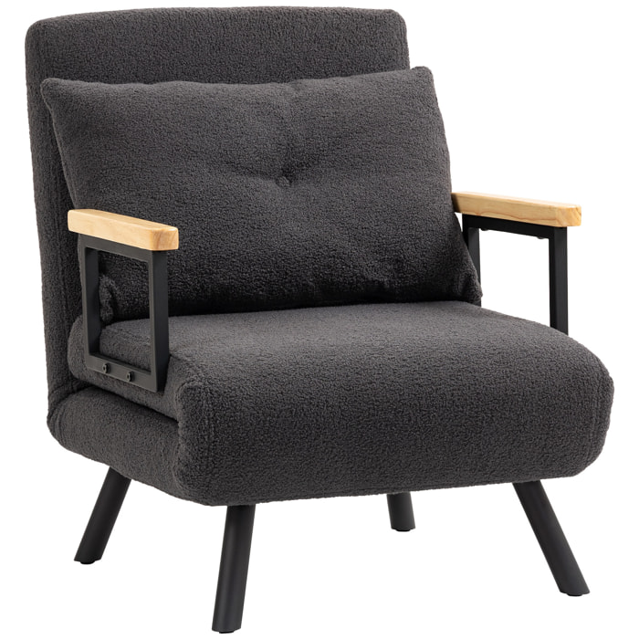 Sofá Cama de 1 Plaza Sofá Cama Plegable Tapizado en Borreguito con Respaldo Ajustable de 5 Niveles y Almohada Acolchada para Oficina Dormitorio Salón 63x73x81 cm Gris Oscuro