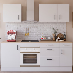 Cucina Componibile Completa Da 220 Cm Moderna con Cassetti Ammortizzati Piedini Regolabili Moduli Pensili Facile Da Installare Bianco Lucido e Rovere
