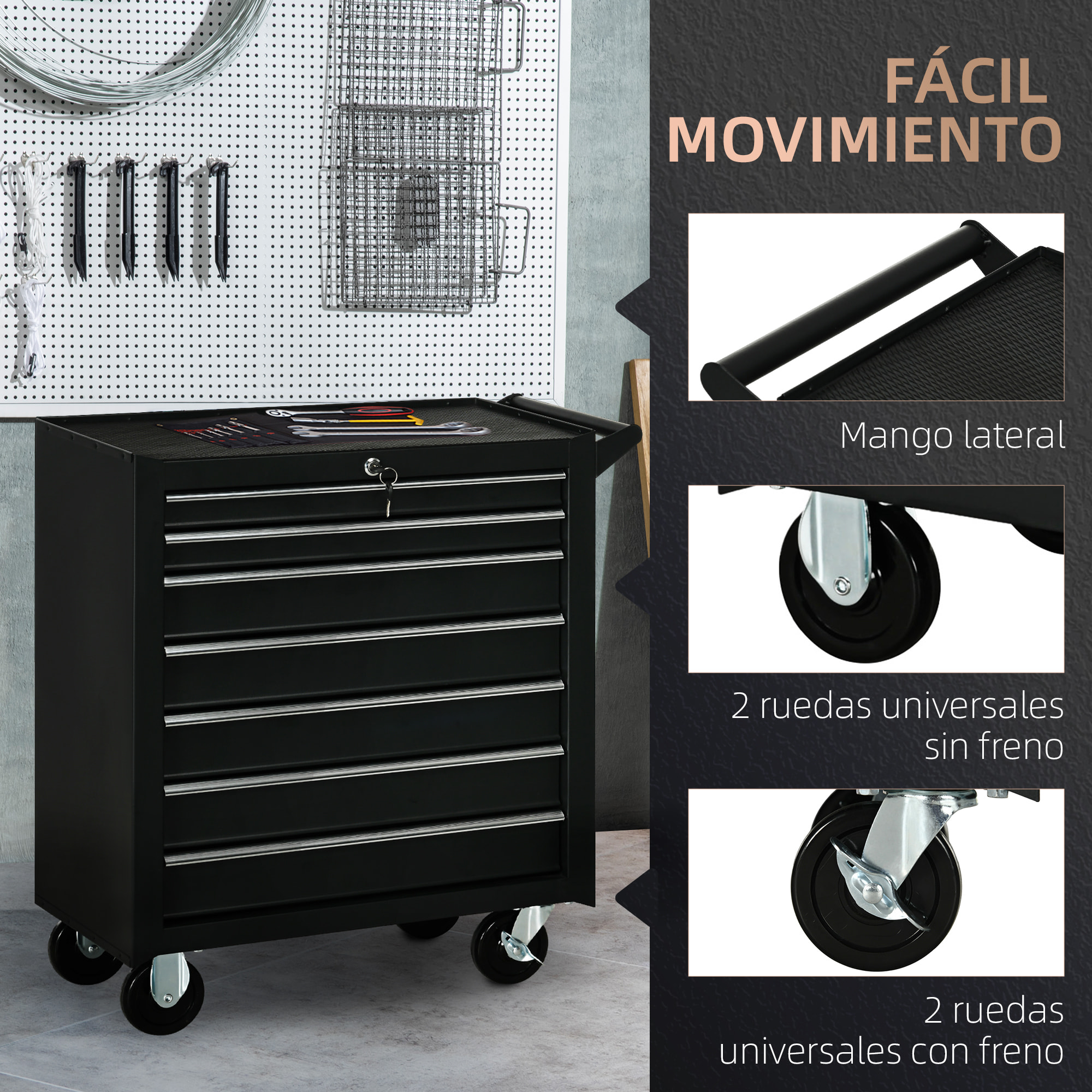 Carro de Herramientas con 7 Cajones, Carro de Taller con Cerradura, Asa, 2 Ruedas con Freno de Bloqueo, para Garaje, Hogar, Negro