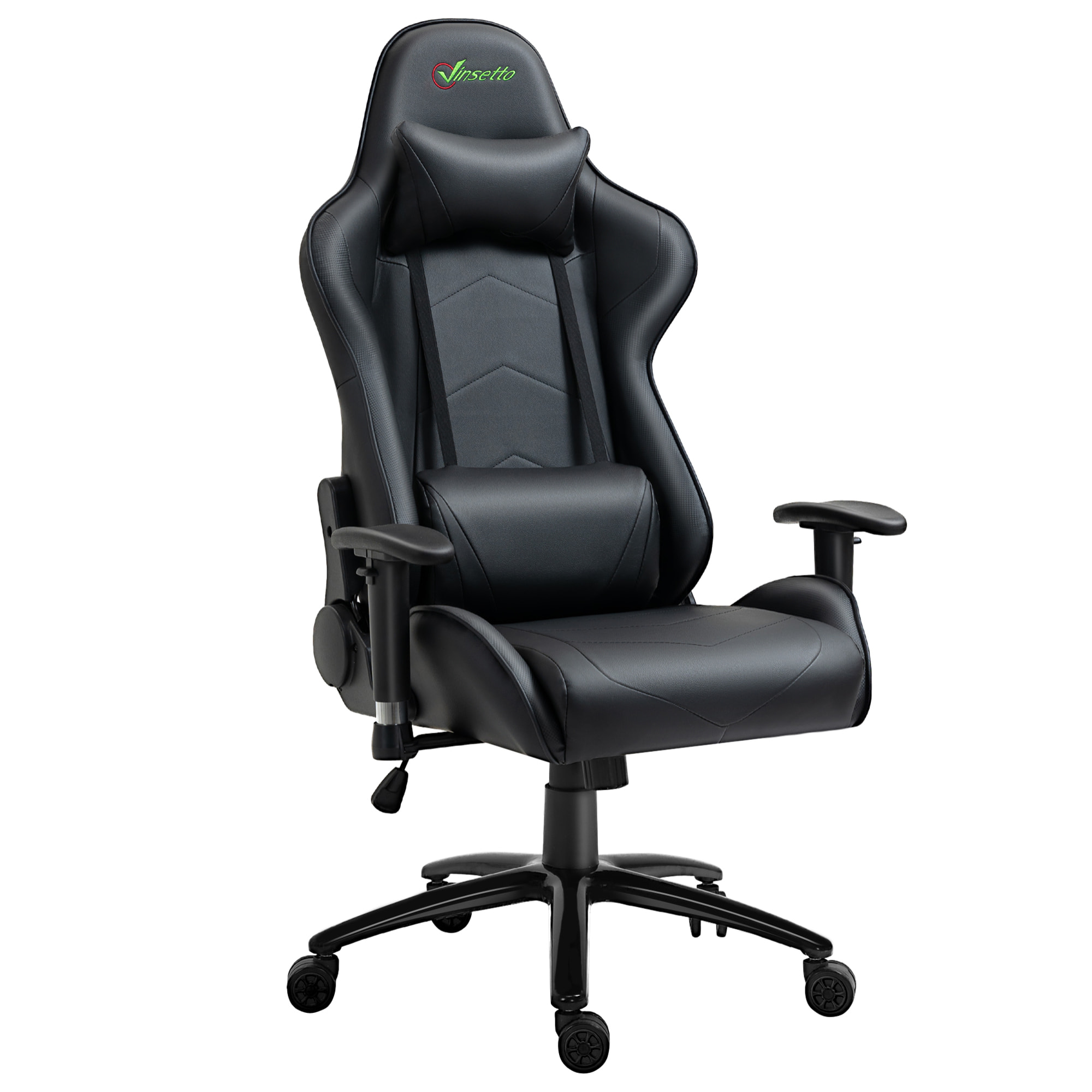 Vinsetto Silla Gaming Ergonómica Silla de Escritorio Giratoria Reclinable Altura Ajustable con reposabrazos 2D Regulable Reposacabezas y Cojín Lumbar Cuero Sintético 73x71x128-136 cm Negro