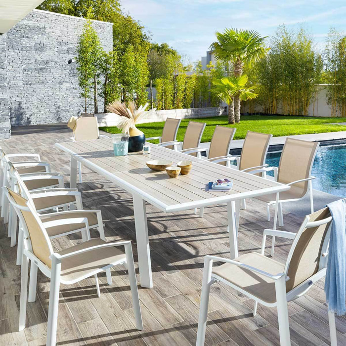 Table de jardin extensible "Pavane" lin & blanc 12 places en aluminium traité époxy