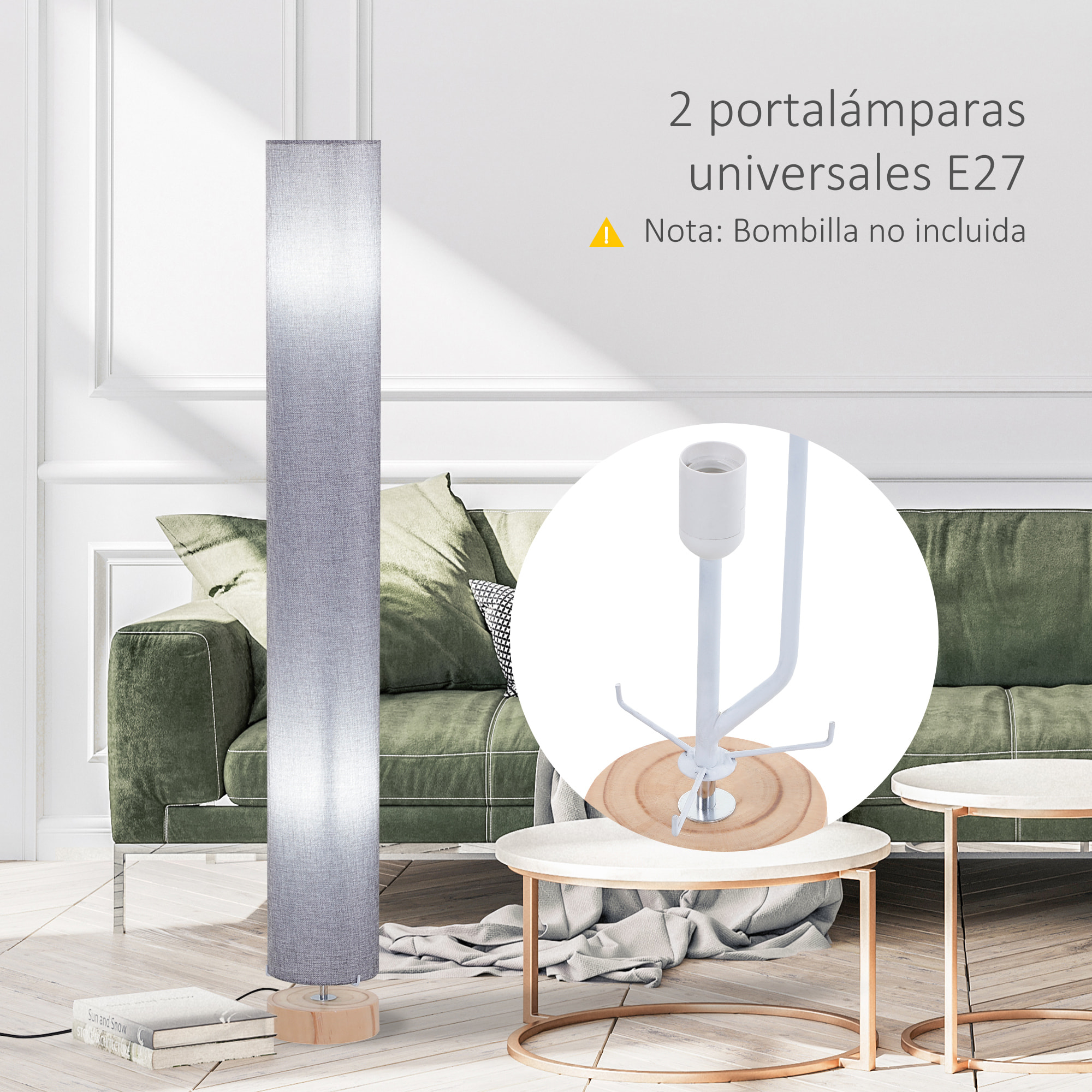 Lámpara de Pie Moderna Lámpara de Salón con Casquillo Máx. 40 W E27 Pantalla de Lino y Marco de Metal para Dormitorio Ø15x120 cm Gris