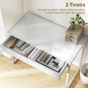 Bureau design blanc laqué dim. 100 x 50 cm - 2 tiroirs - acier MDF
