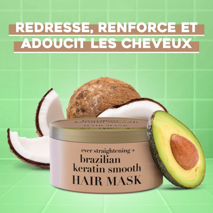 OGX Masque pour les cheveux lissant à la kératine brésilienne, 300ml – Masque capillaire pour régénérer les cheveux et faciliter