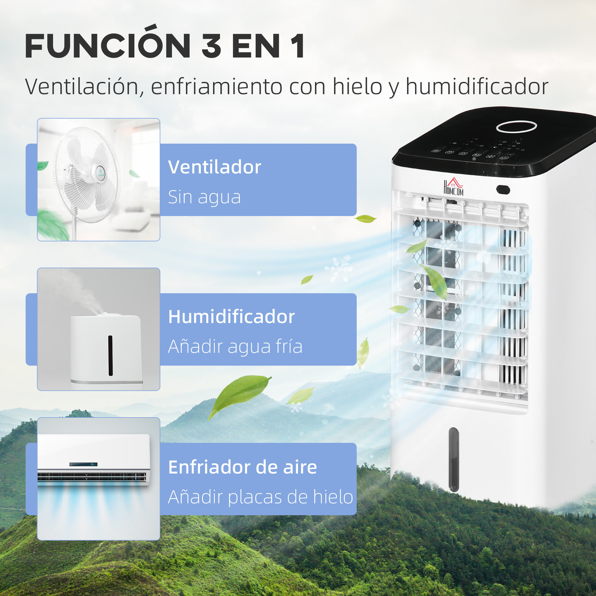 Climatizador Evaporativo 3,5L 3 en 1 Humidificador Ventilador 65W Pantalla LED Control Remoto Temporizador Oscilación 3 Velocidades 3 Modos 24,5x27x60 cm Blanco