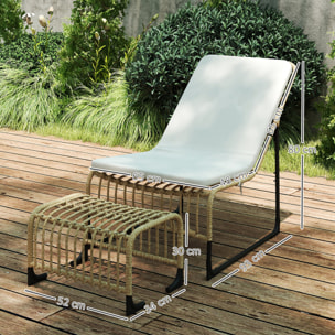 Conjunto de Sillón de Jardín con Reposapiés de Ratán Sintético Sillón para Exterior con Cojín Acolchado y Estructura de Acero Natural y Beige
