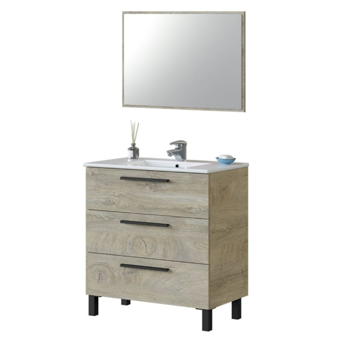 Mueble de baño Athena 80 3 cajones + espejo Roble Alaska