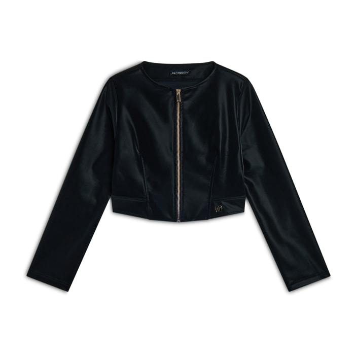 Giacca corta con zip da donna in similpelle lucida