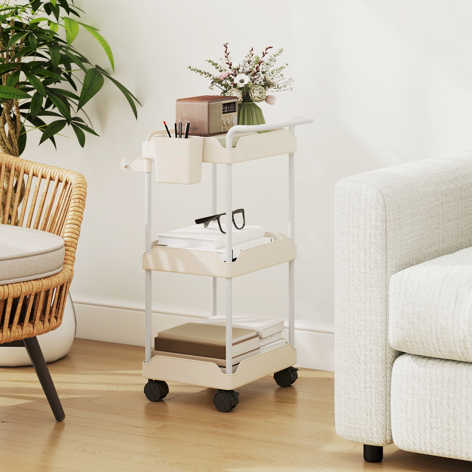 Carrito Auxiliar con Ruedas de 3 Niveles, Carrito de Cocina con Cestas Extraíbles, Ruedas con Freno, Soporte para Toallas y Marco de Metal, Carro de Servicio para Comedor, Salón, Baño, Blanco