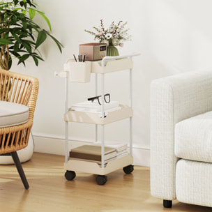 Carrito Auxiliar con Ruedas de 3 Niveles, Carrito de Cocina con Cestas Extraíbles, Ruedas con Freno, Soporte para Toallas y Marco de Metal, Carro de Servicio para Comedor, Salón, Baño, Blanco